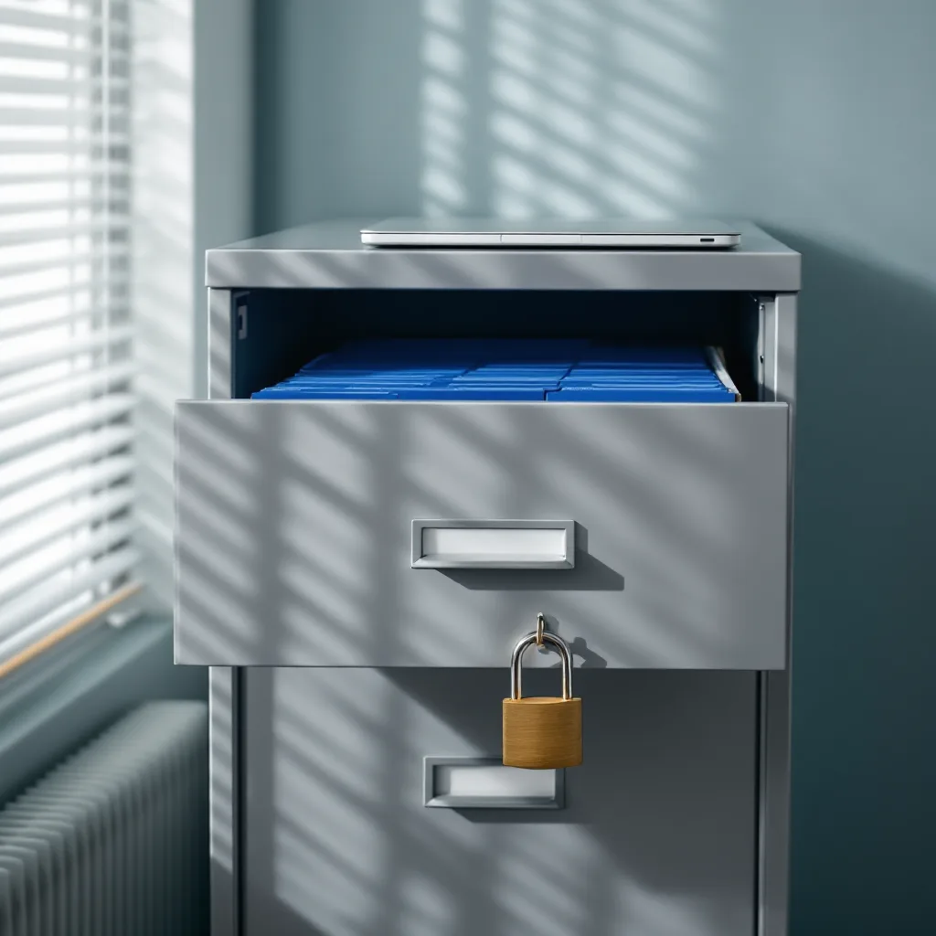 A half-open steel filing drawer of client folders with blue tab dividers and a brass padlock hanging from the handle