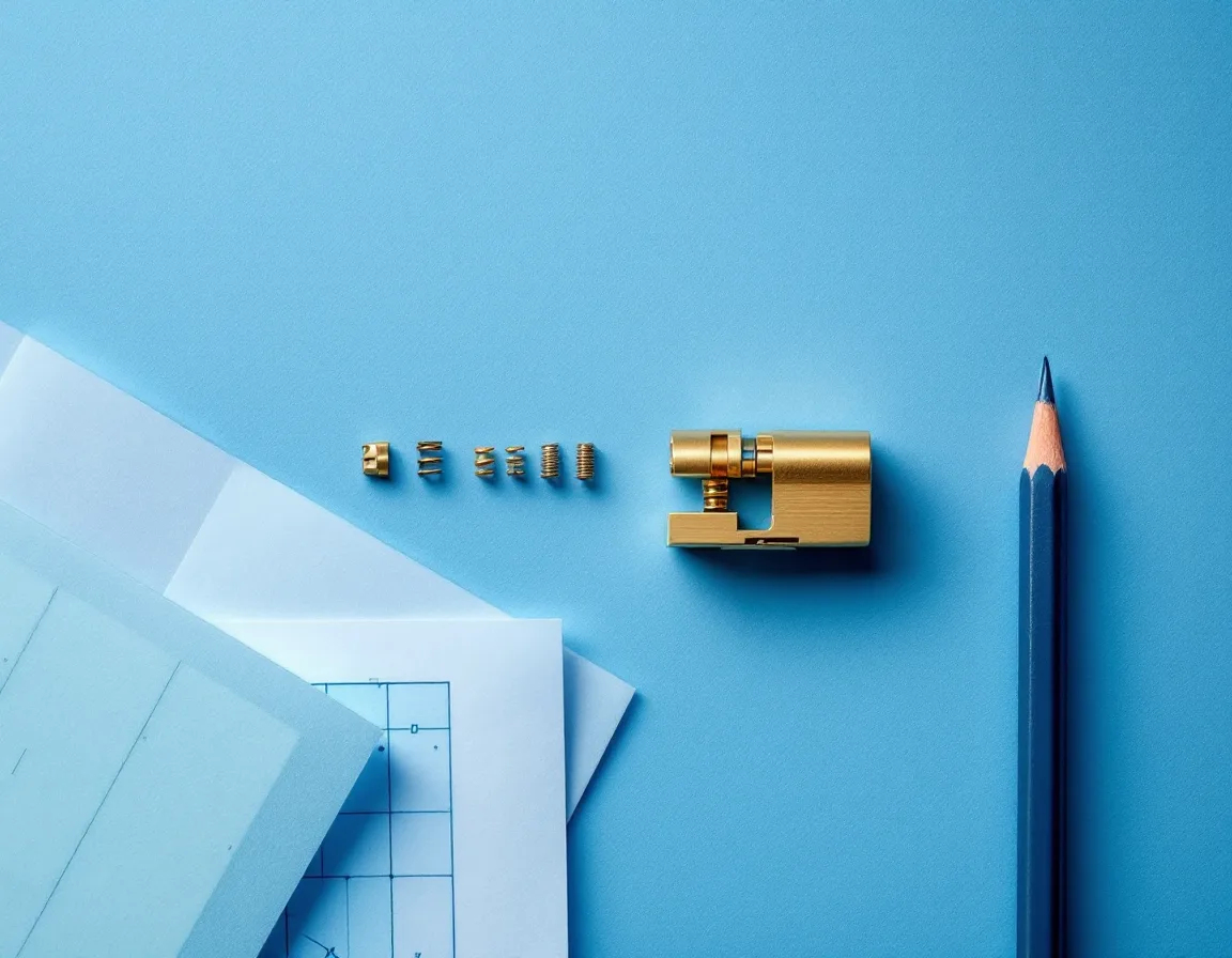 A disassembled brass lock cylinder with its pins laid out in a row beside tweezers and a network diagram on tracing paper
