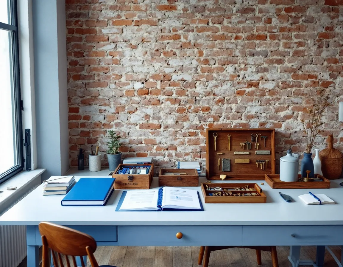 A pale blue workbench set with two chairs, a navy findings binder and a tray of brass key blanks in soft window light