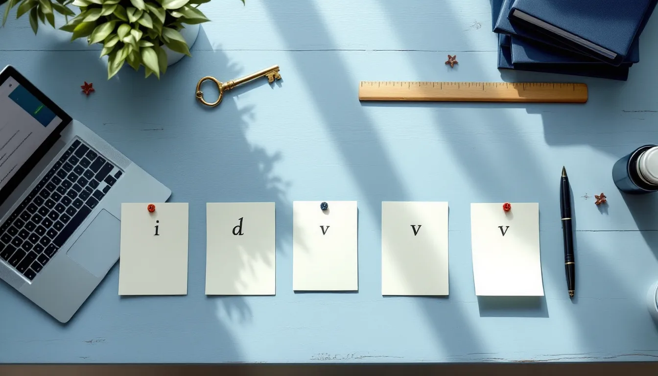 Five index cards marked one to five laid in a row on a pale blue workbench, a brass key on each, beside a laptop showing admin settings