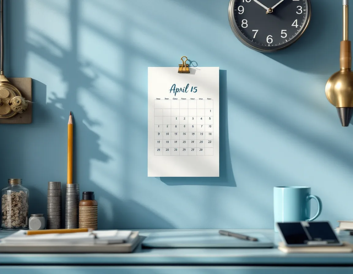 A paper wall calendar above a pale blue workbench with April 15 and October 15 circled in blue pencil