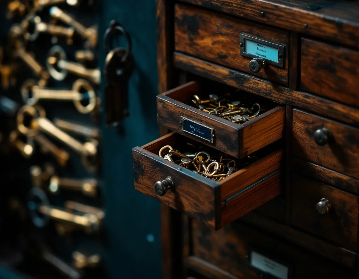 An old locksmith’s cabinet of small labelled drawers, one slightly open to show sorted brass key blanks
